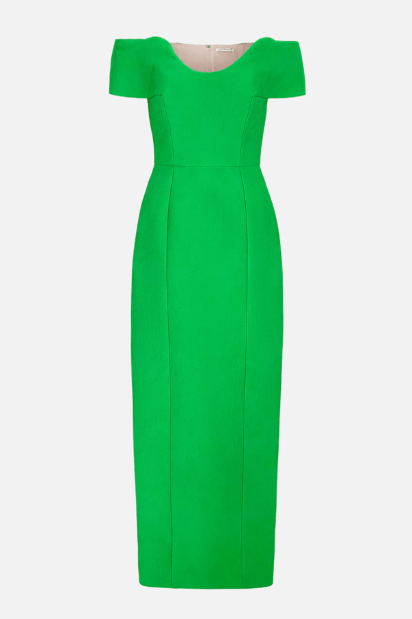 Aislin Dress In Green Embossed Cloque - ALBOUSHIYA - district 5 - dubai - riyadh - abaya - dresses - designers - evening wear - luxury - elegance - craftsmanship - gowns - cocktail dresses - collections - georges
