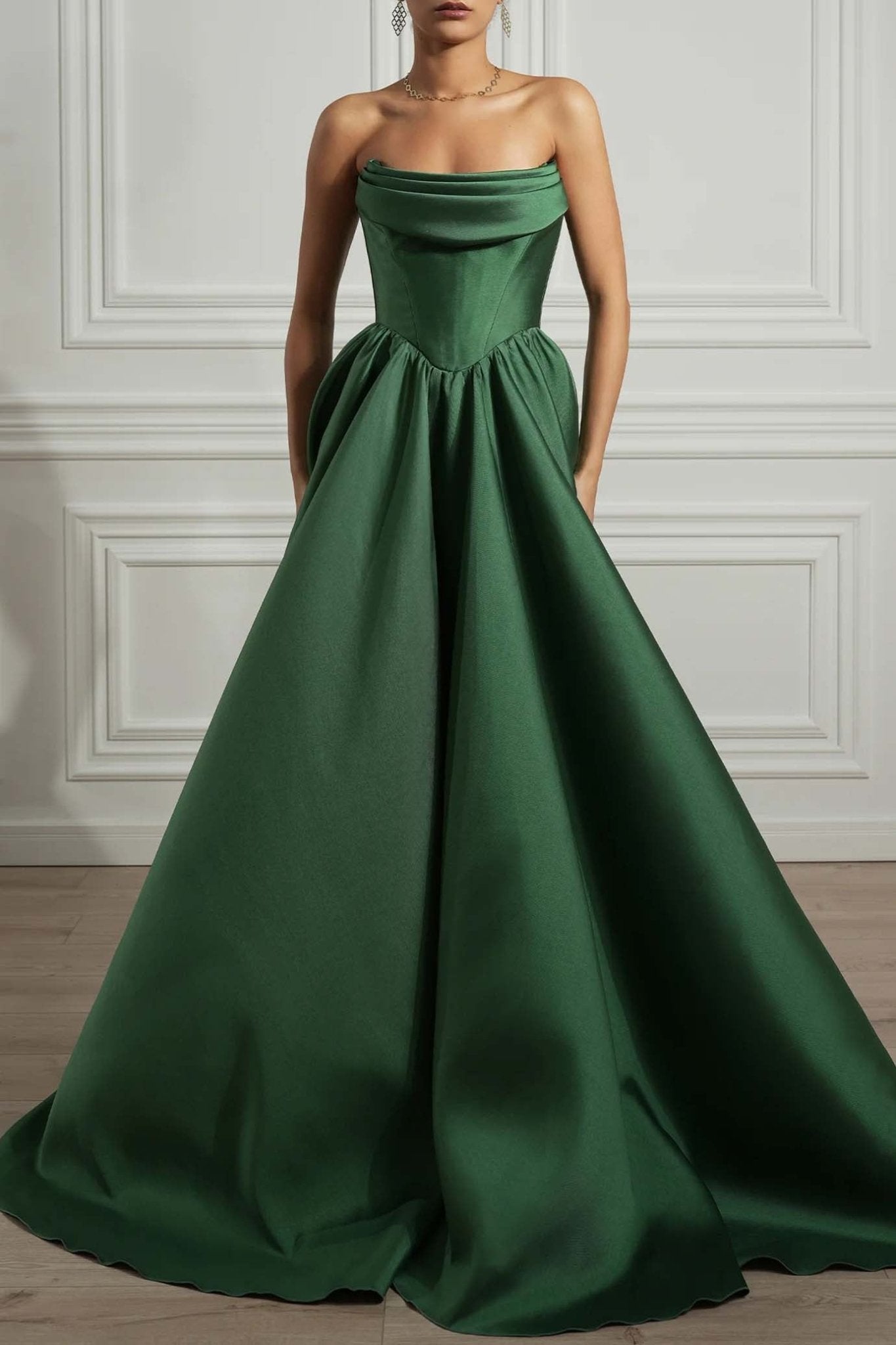Alaya Forest Green Mikado Dress - ALBOUSHIYA - district 5 - dubai - riyadh - abaya - dresses - designers - evening wear - luxury - elegance - craftsmanship - gowns - cocktail dresses - collections - georges