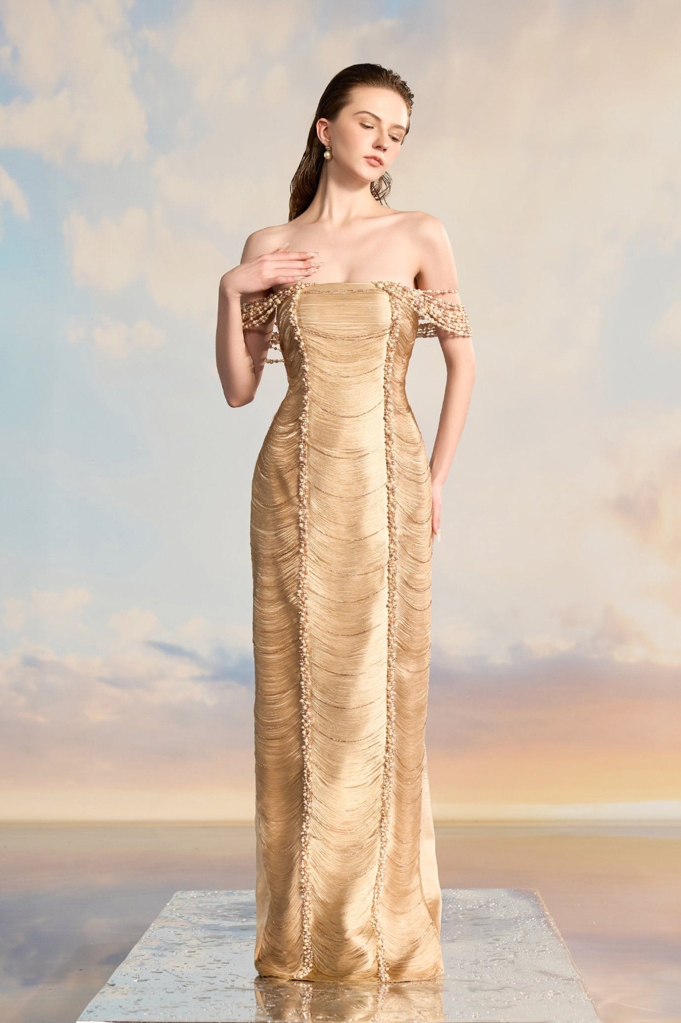Amanda Flow Pearl Dress - ALBOUSHIYA - district 5 - dubai - riyadh - abaya - dresses - designers - evening wear - luxury - elegance - craftsmanship - gowns - cocktail dresses - collections - georges
