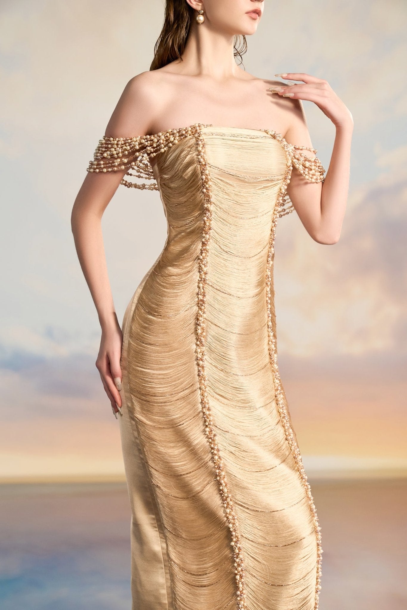 Amanda Flow Pearl Dress - ALBOUSHIYA - district 5 - dubai - riyadh - abaya - dresses - designers - evening wear - luxury - elegance - craftsmanship - gowns - cocktail dresses - collections - georges