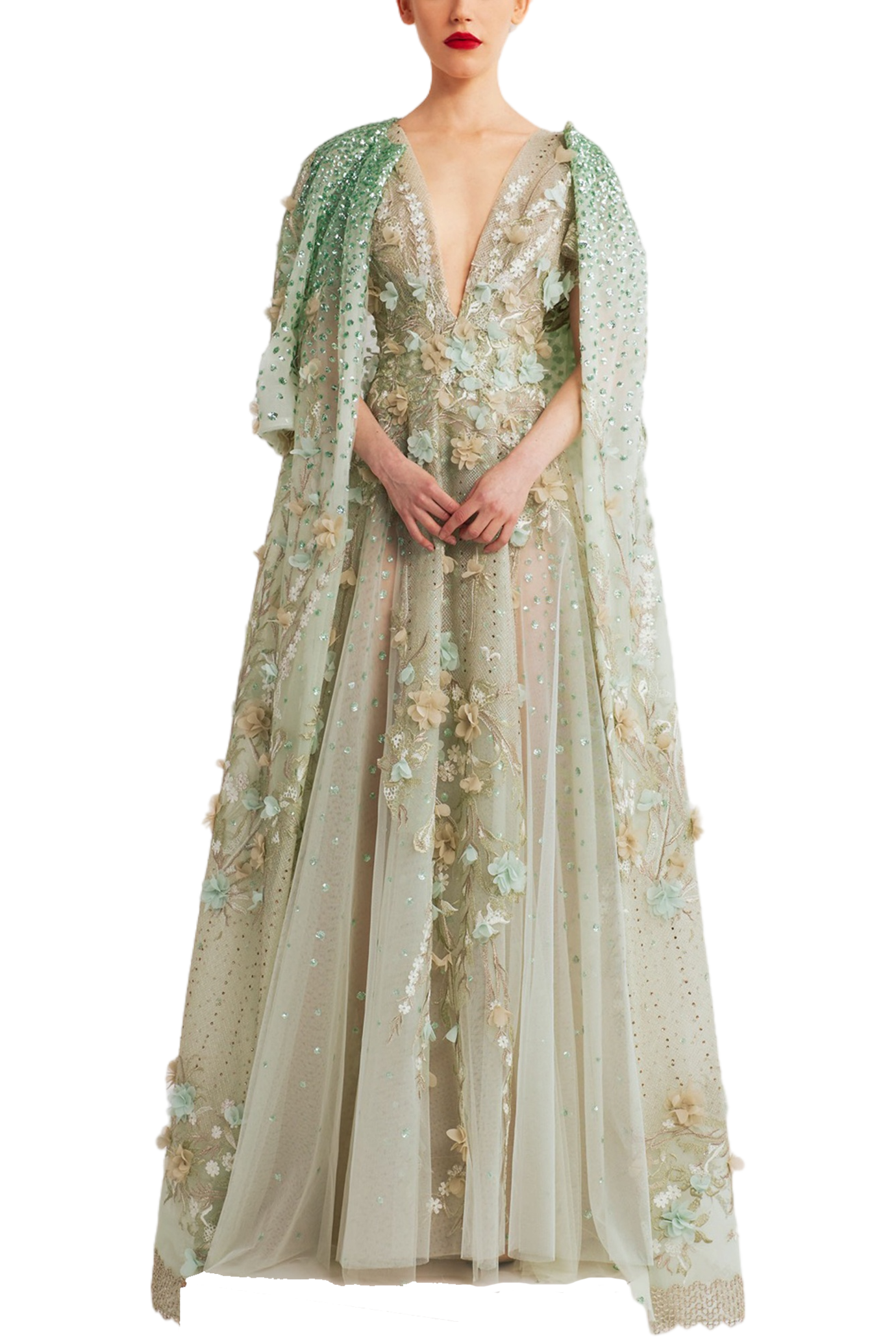 V-Neck Dress with Cape Sleeves and Floral Embellishments