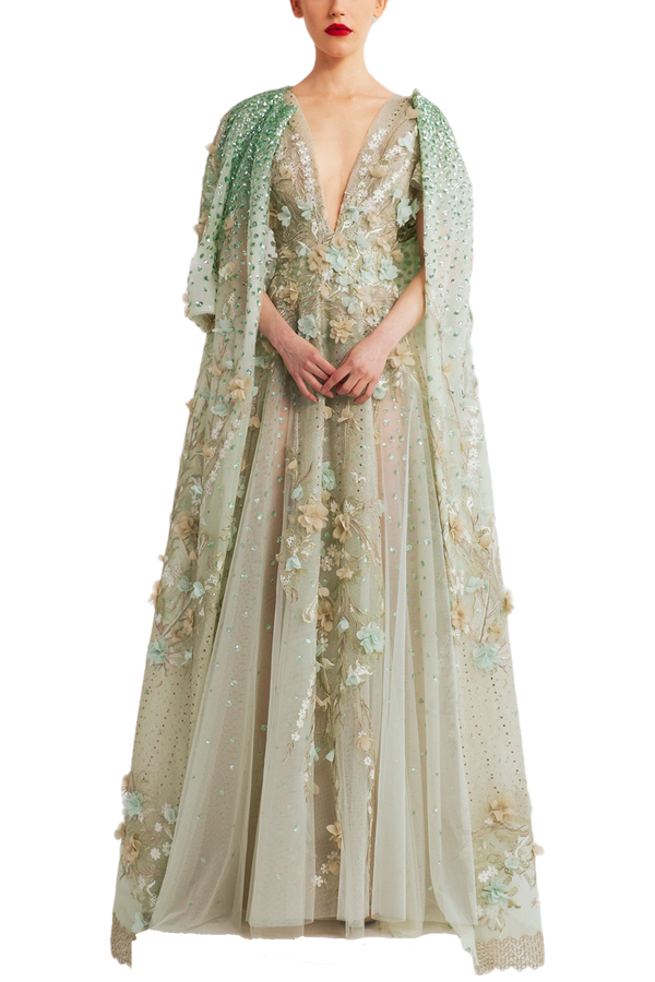 V-Neck Dress with Cape Sleeves and Floral Embellishments