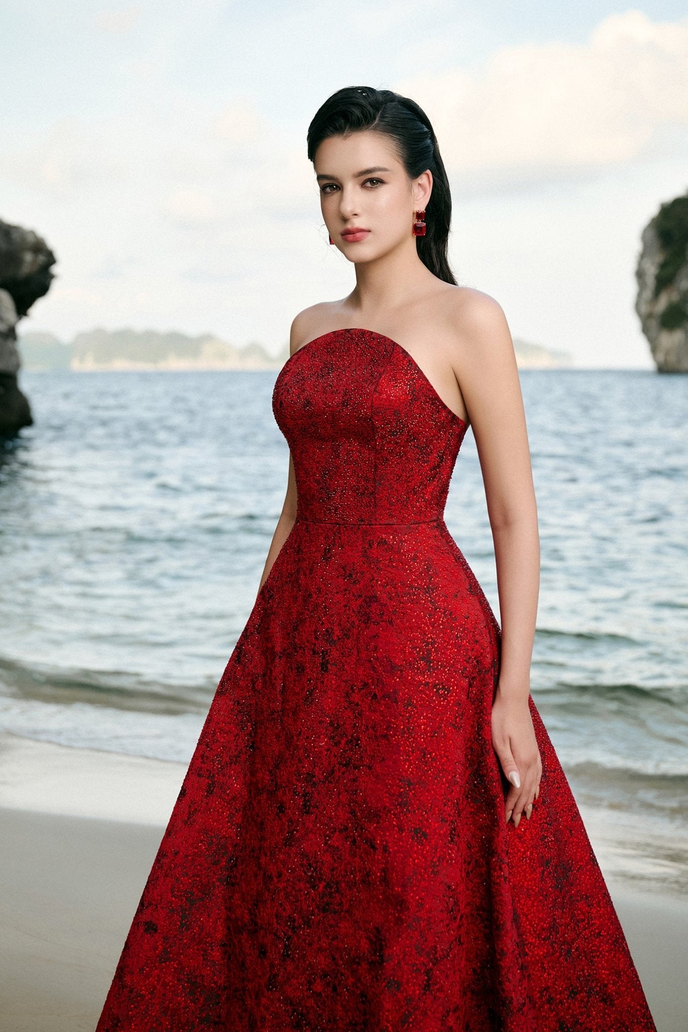 Angelique A - line Curved Neck Brocade Floor Length Dress - ALBOUSHIYA - district 5 - dubai - riyadh - abaya - dresses - designers - evening wear - luxury - elegance - craftsmanship - gowns - cocktail dresses - collections - georges