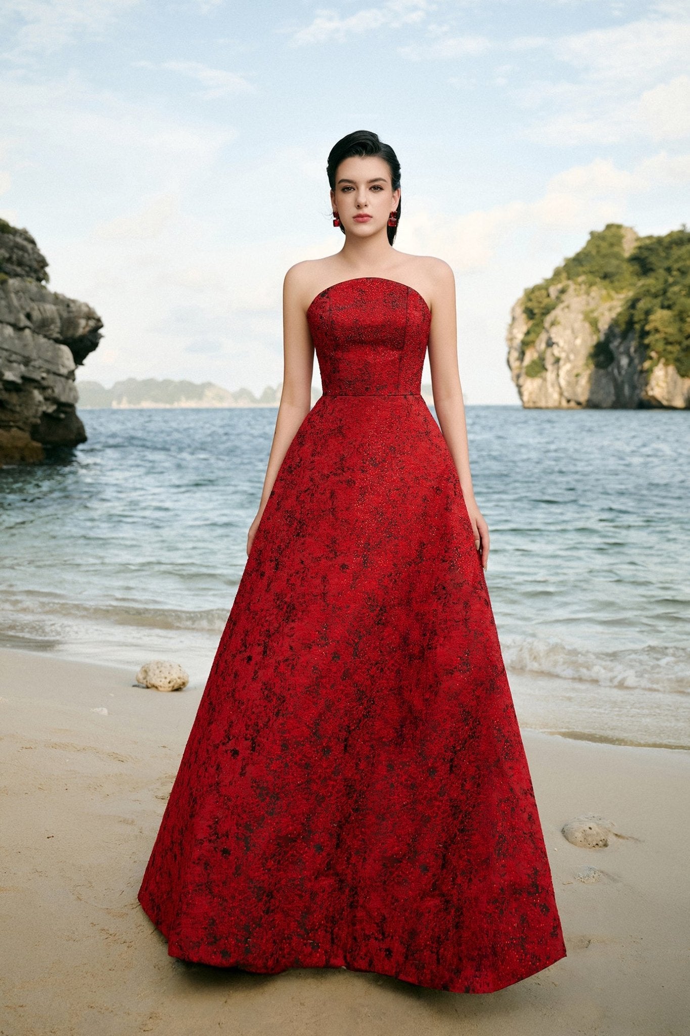Angelique A - line Curved Neck Brocade Floor Length Dress - ALBOUSHIYA - district 5 - dubai - riyadh - abaya - dresses - designers - evening wear - luxury - elegance - craftsmanship - gowns - cocktail dresses - collections - georges