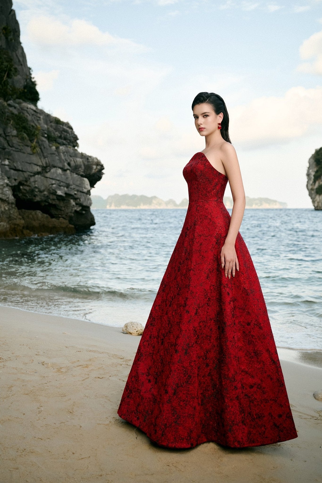 Angelique A - line Curved Neck Brocade Floor Length Dress - ALBOUSHIYA - district 5 - dubai - riyadh - abaya - dresses - designers - evening wear - luxury - elegance - craftsmanship - gowns - cocktail dresses - collections - georges