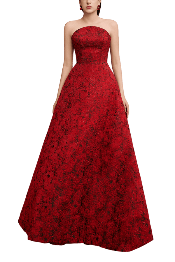 Angelique A - line Curved Neck Brocade Floor Length Dress - ALBOUSHIYA - district 5 - dubai - riyadh - abaya - dresses - designers - evening wear - luxury - elegance - craftsmanship - gowns - cocktail dresses - collections - georges