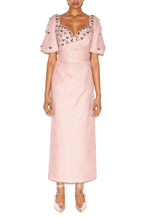 Aretha Pink Embellished Jacquard Dress - ALBOUSHIYA - district 5 - dubai - riyadh - abaya - dresses - designers - evening wear - luxury - elegance - craftsmanship - gowns - cocktail dresses - collections - georges