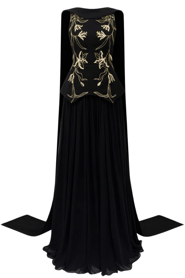 Ariane Crepe and Chiffon Dress - ALBOUSHIYA - district 5 - dubai - riyadh - abaya - dresses - designers - evening wear - luxury - elegance - craftsmanship - gowns - cocktail dresses - collections - georges