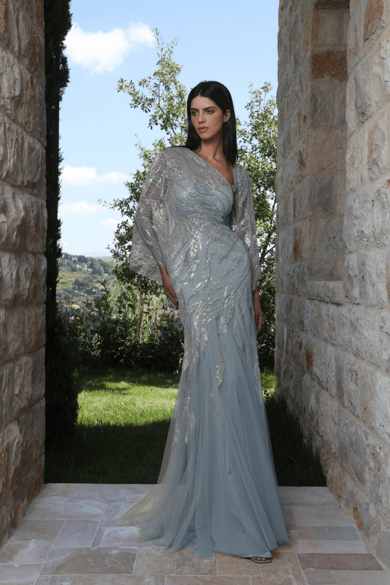 Asymmetric Embellished Gown - ALBOUSHIYA - district 5 - dubai - riyadh - abaya - dresses - designers - evening wear - luxury - elegance - craftsmanship - gowns - cocktail dresses - collections - georges