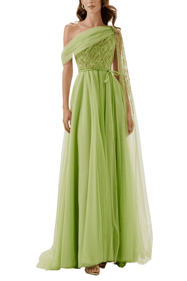 Asymmetric Embellished Tulle Gown - ALBOUSHIYA - district 5 - dubai - riyadh - abaya - dresses - designers - evening wear - luxury - elegance - craftsmanship - gowns - cocktail dresses - collections - georges