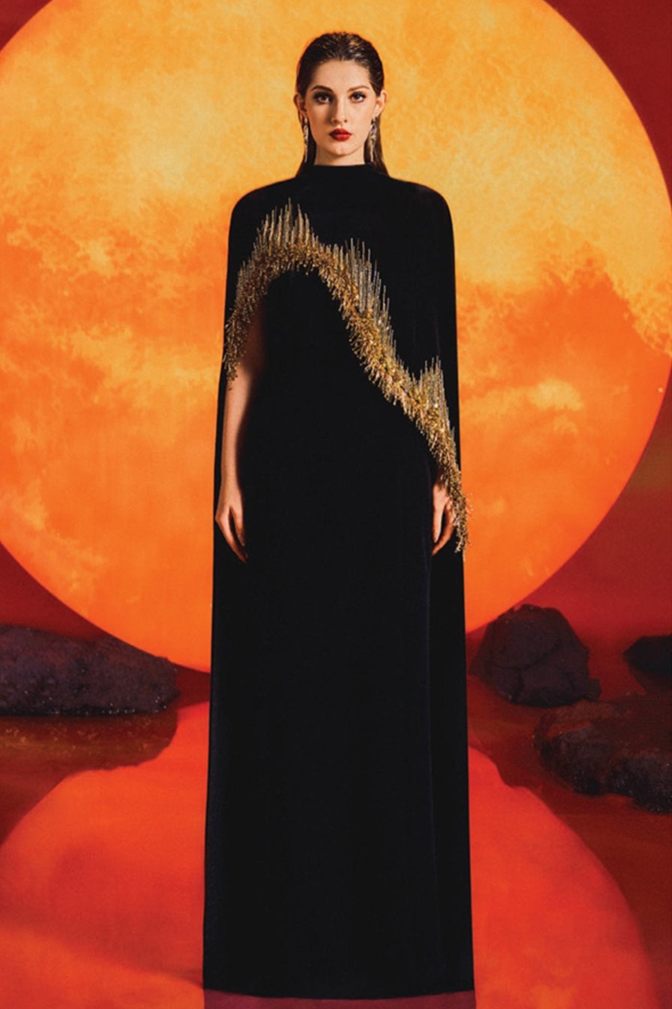 Asymmetric Long Back Flap Cape Gown - ALBOUSHIYA - district 5 - dubai - riyadh - abaya - dresses - designers - evening wear - luxury - elegance - craftsmanship - gowns - cocktail dresses - collections - georges