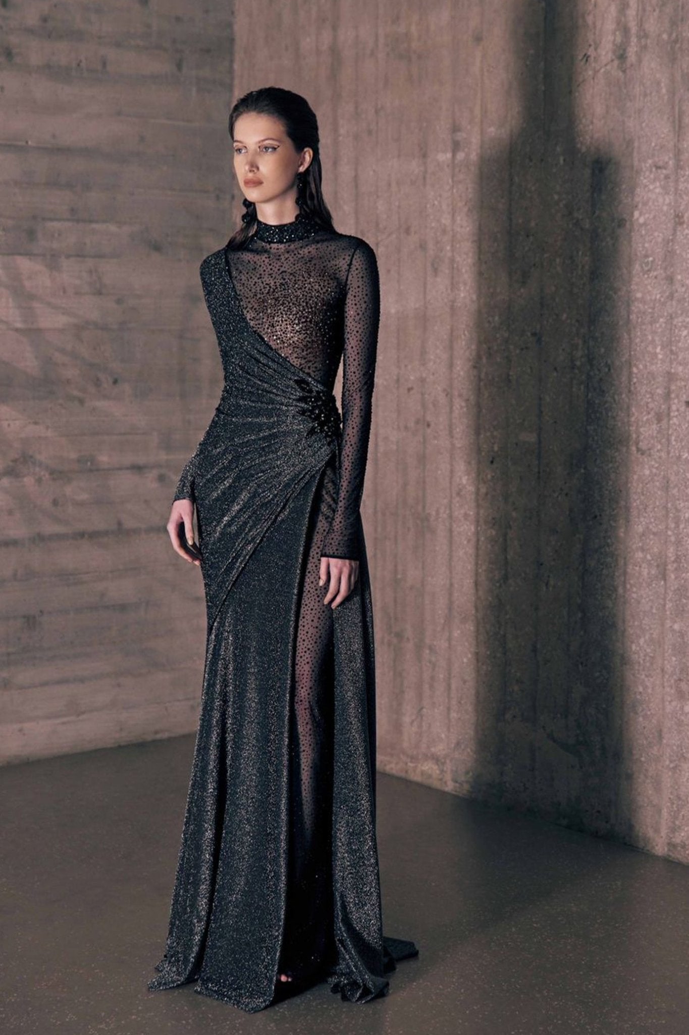 Asymmetrical Crystal Mesh Gown - ALBOUSHIYA - district 5 - dubai - riyadh - abaya - dresses - designers - evening wear - luxury - elegance - craftsmanship - gowns - cocktail dresses - collections - georges