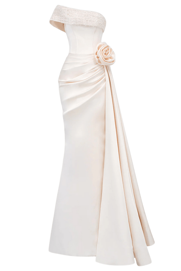 Asymmetrical Shoulder Gown With Drapped Details - ALBOUSHIYA - district 5 - dubai - riyadh - abaya - dresses - designers - evening wear - luxury - elegance - craftsmanship - gowns - cocktail dresses - collections - georges