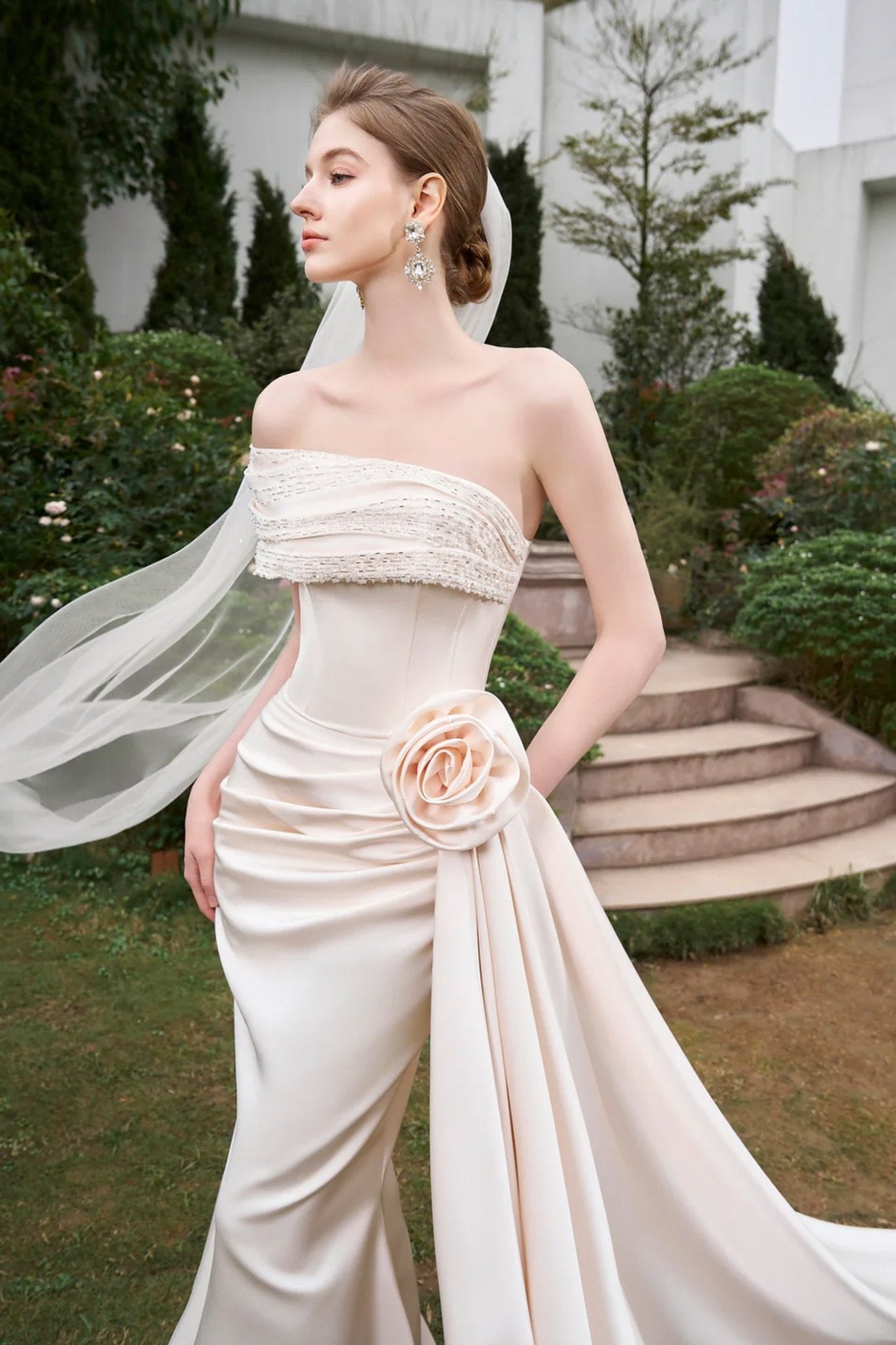 Asymmetrical Shoulder Gown With Drapped Details - ALBOUSHIYA - district 5 - dubai - riyadh - abaya - dresses - designers - evening wear - luxury - elegance - craftsmanship - gowns - cocktail dresses - collections - georges