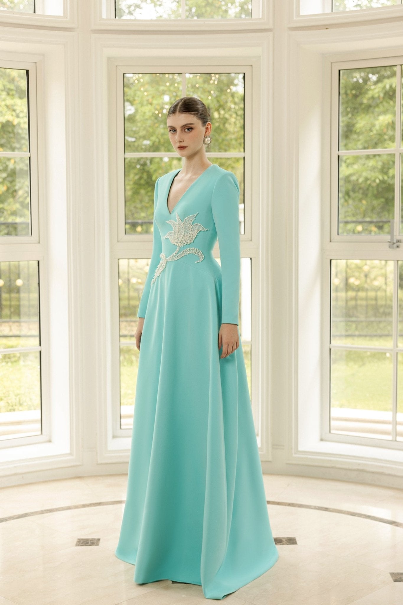 Aurelie Crepe Dress - ALBOUSHIYA - district 5 - dubai - riyadh - abaya - dresses - designers - evening wear - luxury - elegance - craftsmanship - gowns - cocktail dresses - collections - georges