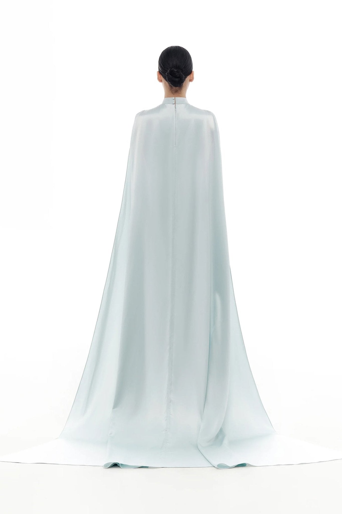 Baby Blue Cape Dress - ALBOUSHIYA - district 5 - dubai - riyadh - abaya - dresses - designers - evening wear - luxury - elegance - craftsmanship - gowns - cocktail dresses - collections - georges