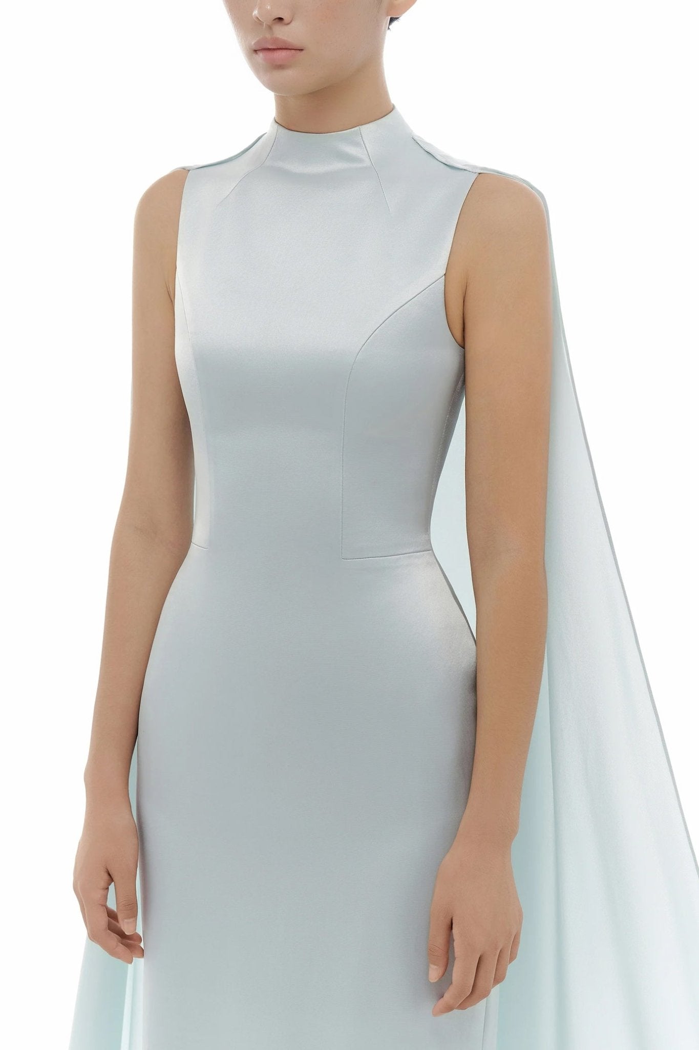 Baby Blue Cape Dress - ALBOUSHIYA - district 5 - dubai - riyadh - abaya - dresses - designers - evening wear - luxury - elegance - craftsmanship - gowns - cocktail dresses - collections - georges