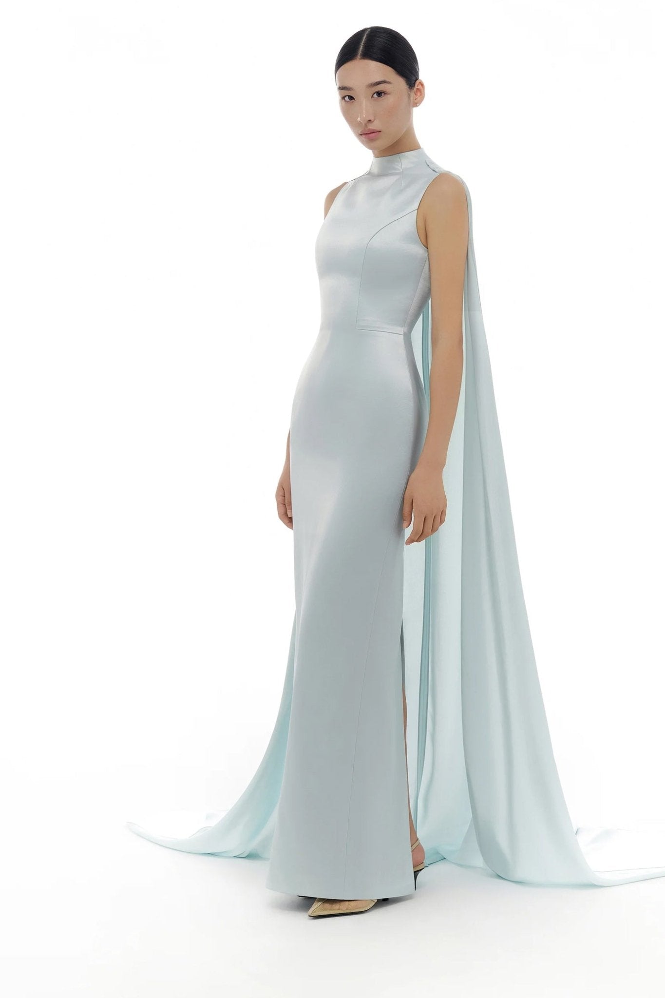 Baby Blue Cape Dress - ALBOUSHIYA - district 5 - dubai - riyadh - abaya - dresses - designers - evening wear - luxury - elegance - craftsmanship - gowns - cocktail dresses - collections - georges
