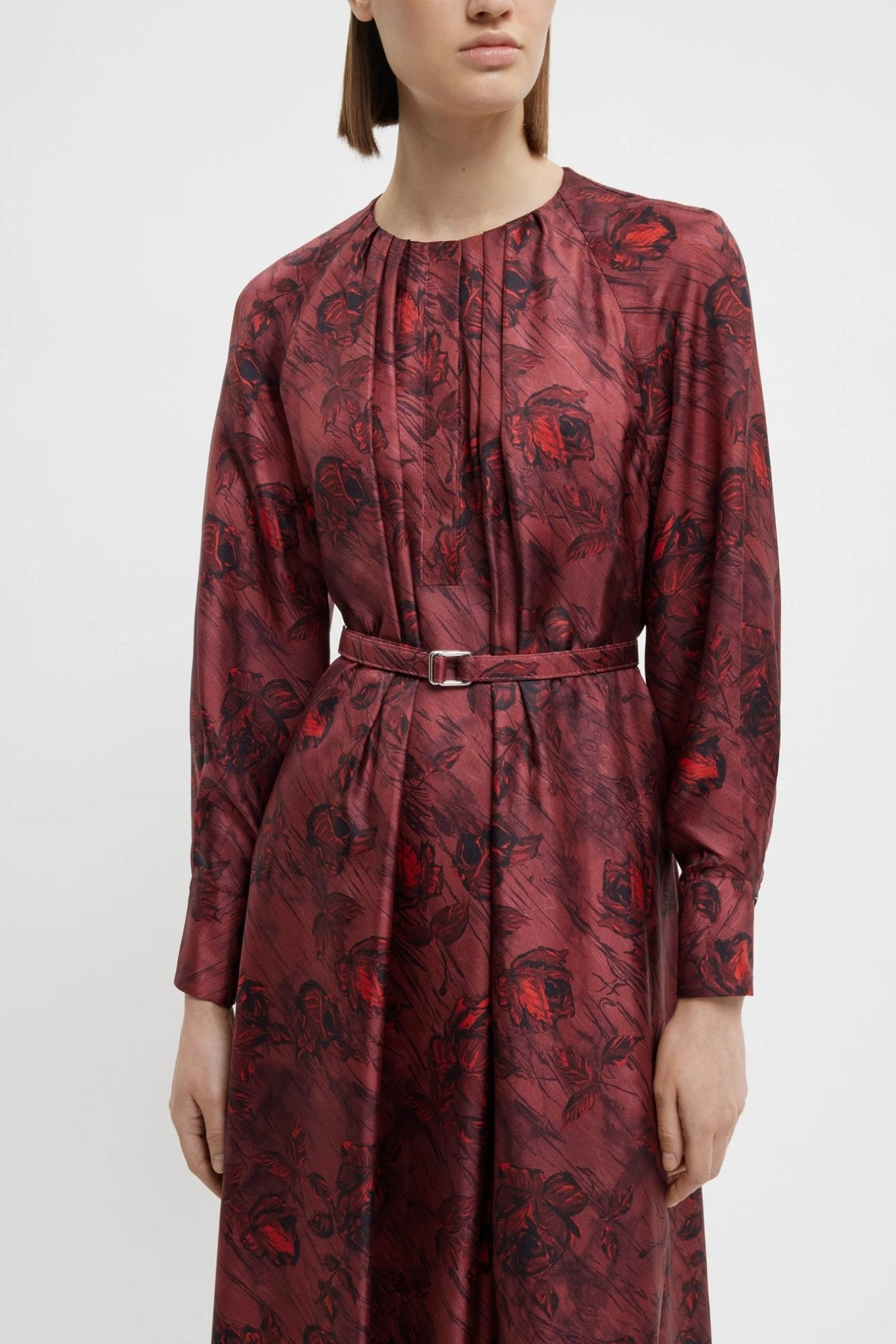 Bahiti Dress In Red Roses On Marble Print Silk Twill - ALBOUSHIYA - district 5 - dubai - riyadh - abaya - dresses - designers - evening wear - luxury - elegance - craftsmanship - gowns - cocktail dresses - collections - georges