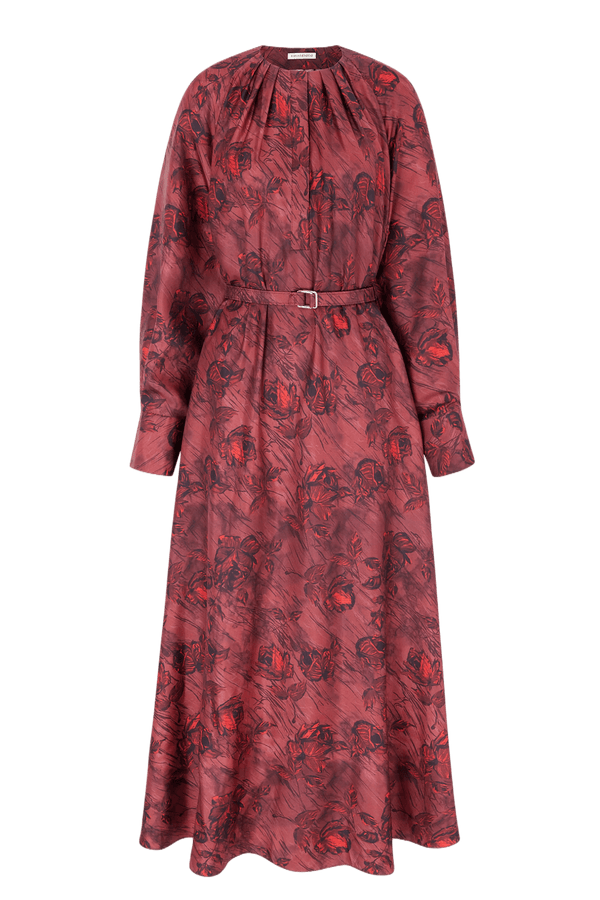 Bahiti Dress In Red Roses On Marble Print Silk Twill - ALBOUSHIYA - district 5 - dubai - riyadh - abaya - dresses - designers - evening wear - luxury - elegance - craftsmanship - gowns - cocktail dresses - collections - georges