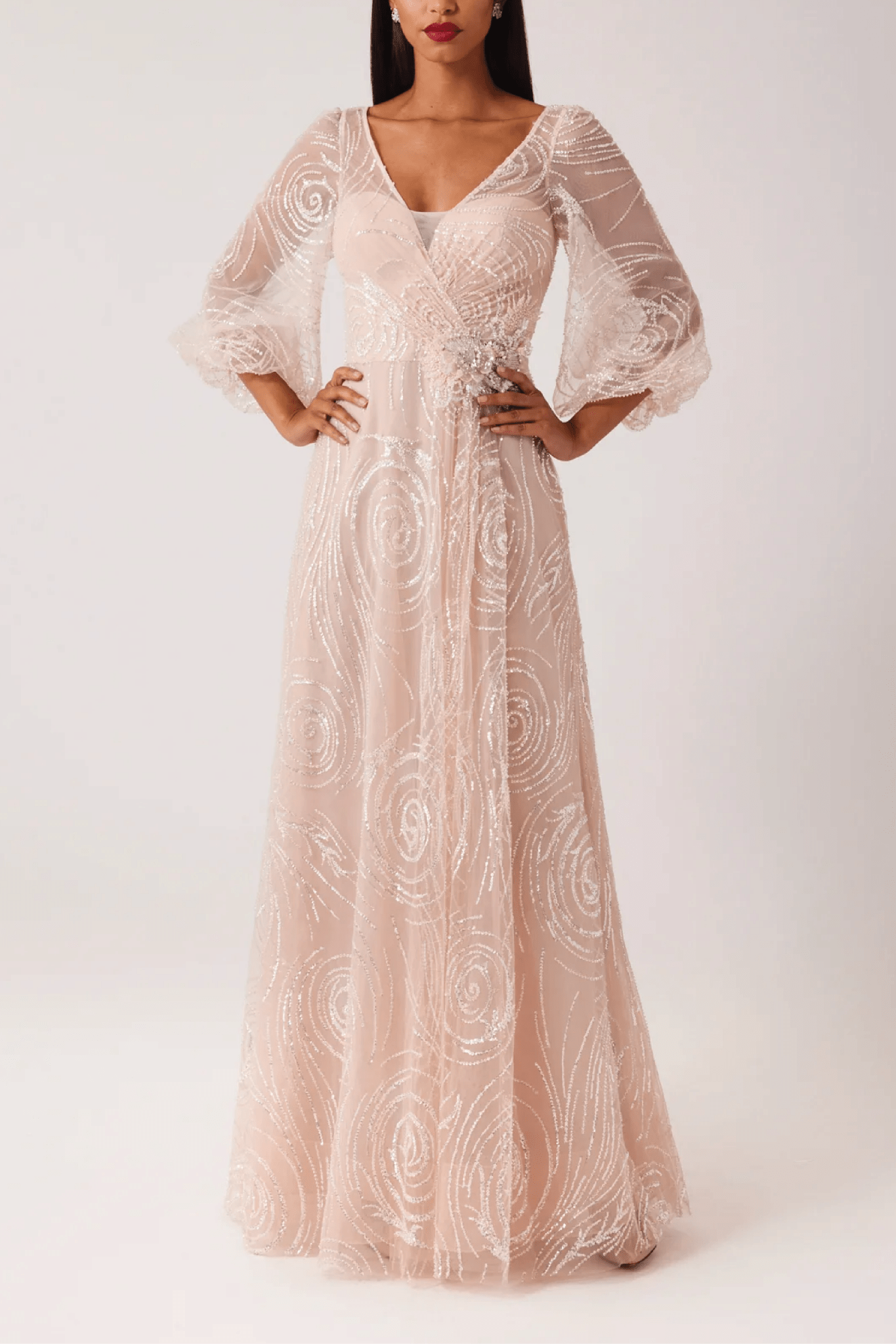 Beaded Tulle V Neck Full Sleeve Gown - ALBOUSHIYA - district 5 - dubai - riyadh - abaya - dresses - designers - evening wear - luxury - elegance - craftsmanship - gowns - cocktail dresses - collections - georges