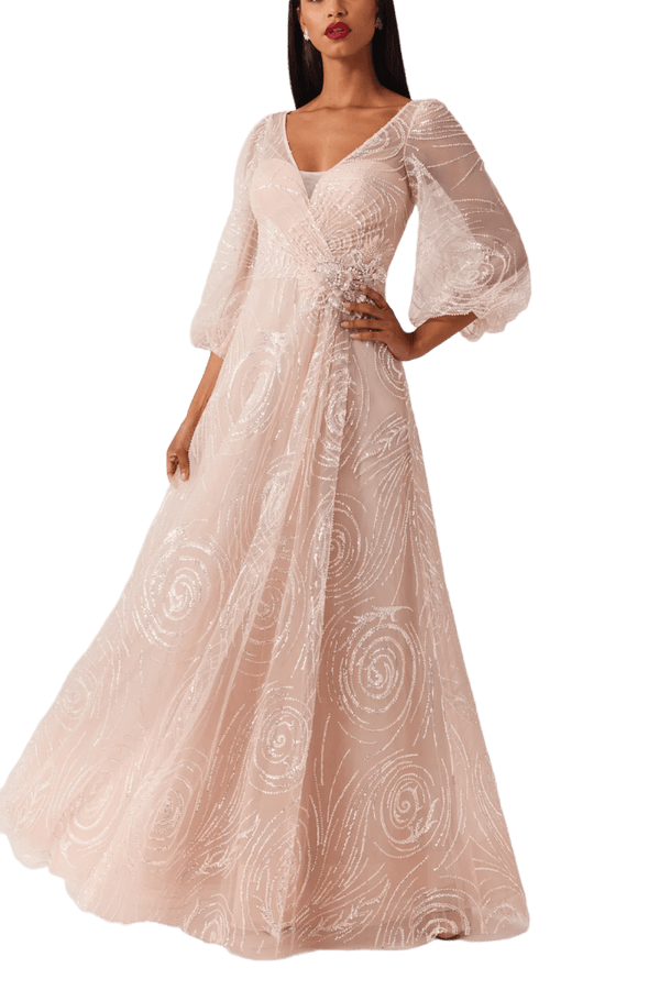 Beaded Tulle V Neck Full Sleeve Gown - ALBOUSHIYA - district 5 - dubai - riyadh - abaya - dresses - designers - evening wear - luxury - elegance - craftsmanship - gowns - cocktail dresses - collections - georges