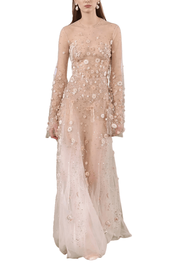 Beaded Tulle Wide Sleeves Dress - ALBOUSHIYA - district 5 - dubai - riyadh - abaya - dresses - designers - evening wear - luxury - elegance - craftsmanship - gowns - cocktail dresses - collections - georges