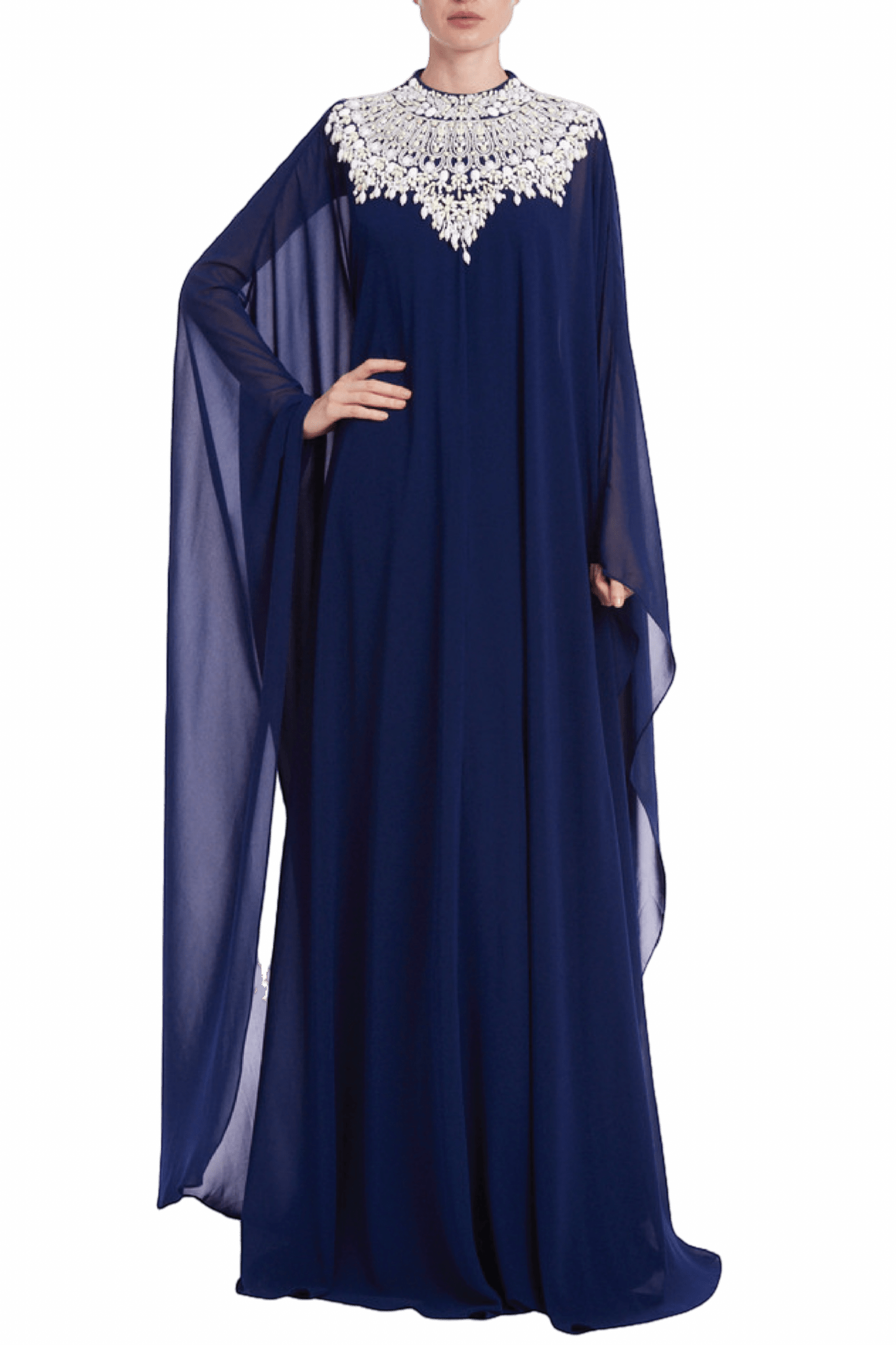 Beaded Yoke Georgette Caftan Gown - ALBOUSHIYA - district 5 - dubai - riyadh - abaya - dresses - designers - evening wear - luxury - elegance - craftsmanship - gowns - cocktail dresses - collections - georges