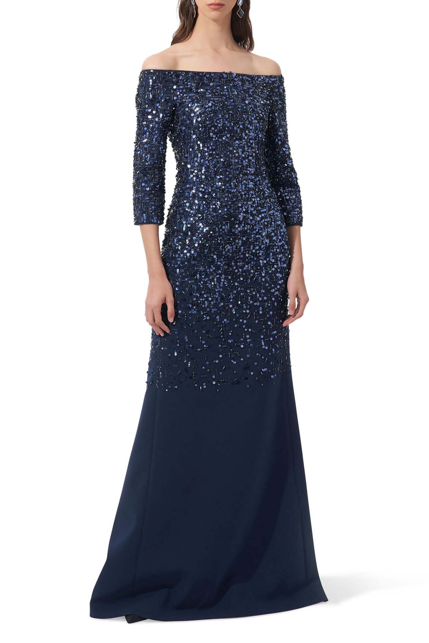 Midnight Off-The-Shoulder Embellished Flare Gown