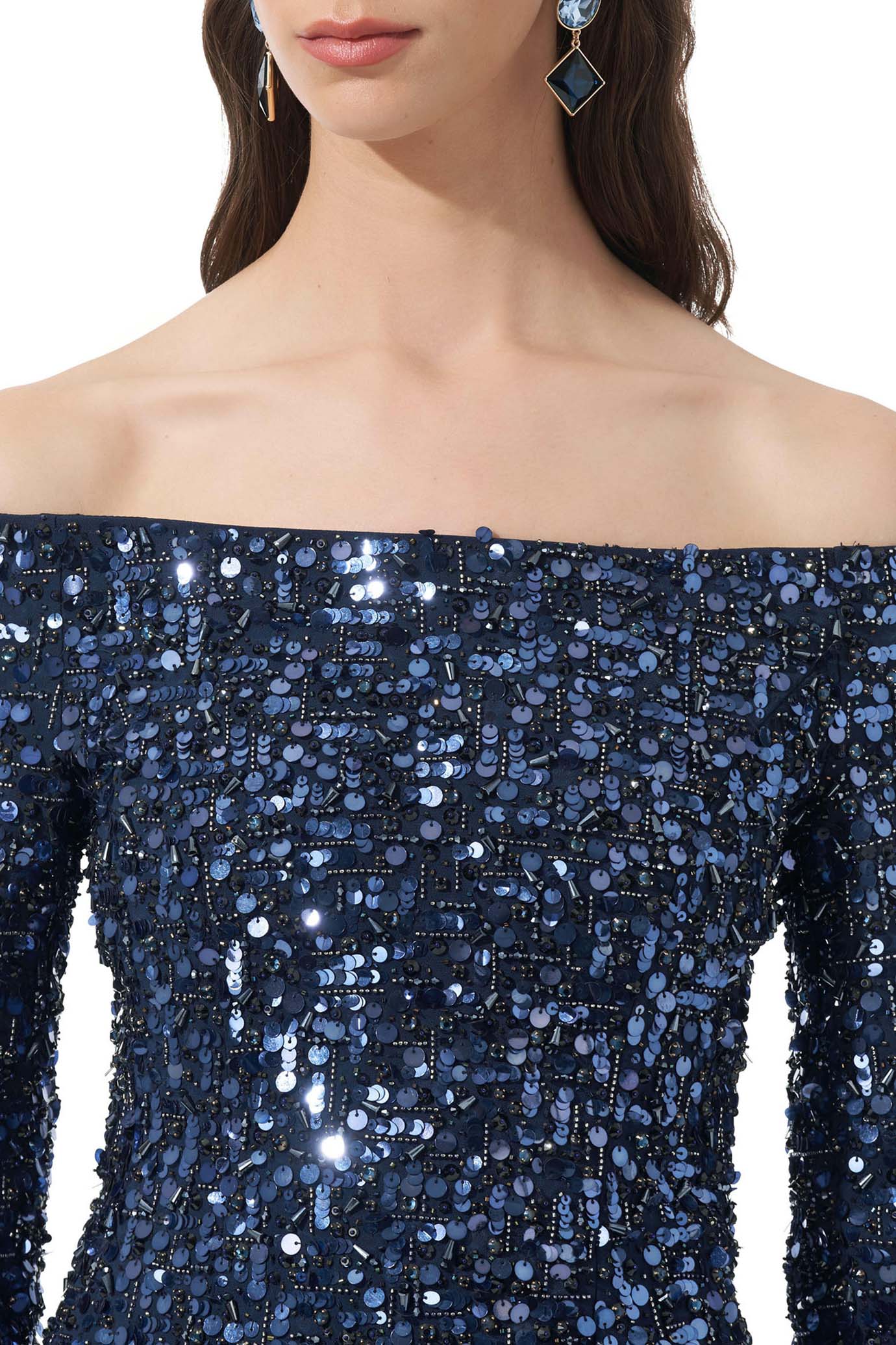 Midnight Off-The-Shoulder Embellished Flare Gown