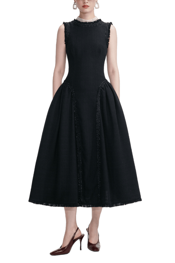 Black Boucle Sleeveless Midi Dress - ALBOUSHIYA - district 5 - dubai - riyadh - abaya - dresses - designers - evening wear - luxury - elegance - craftsmanship - gowns - cocktail dresses - collections - georges