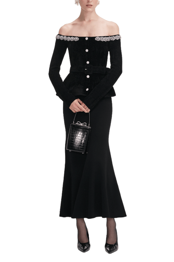 Black Chenille Knit Crystal Trim Midi Dress - ALBOUSHIYA - district 5 - dubai - riyadh - abaya - dresses - designers - evening wear - luxury - elegance - craftsmanship - gowns - cocktail dresses - collections - georges