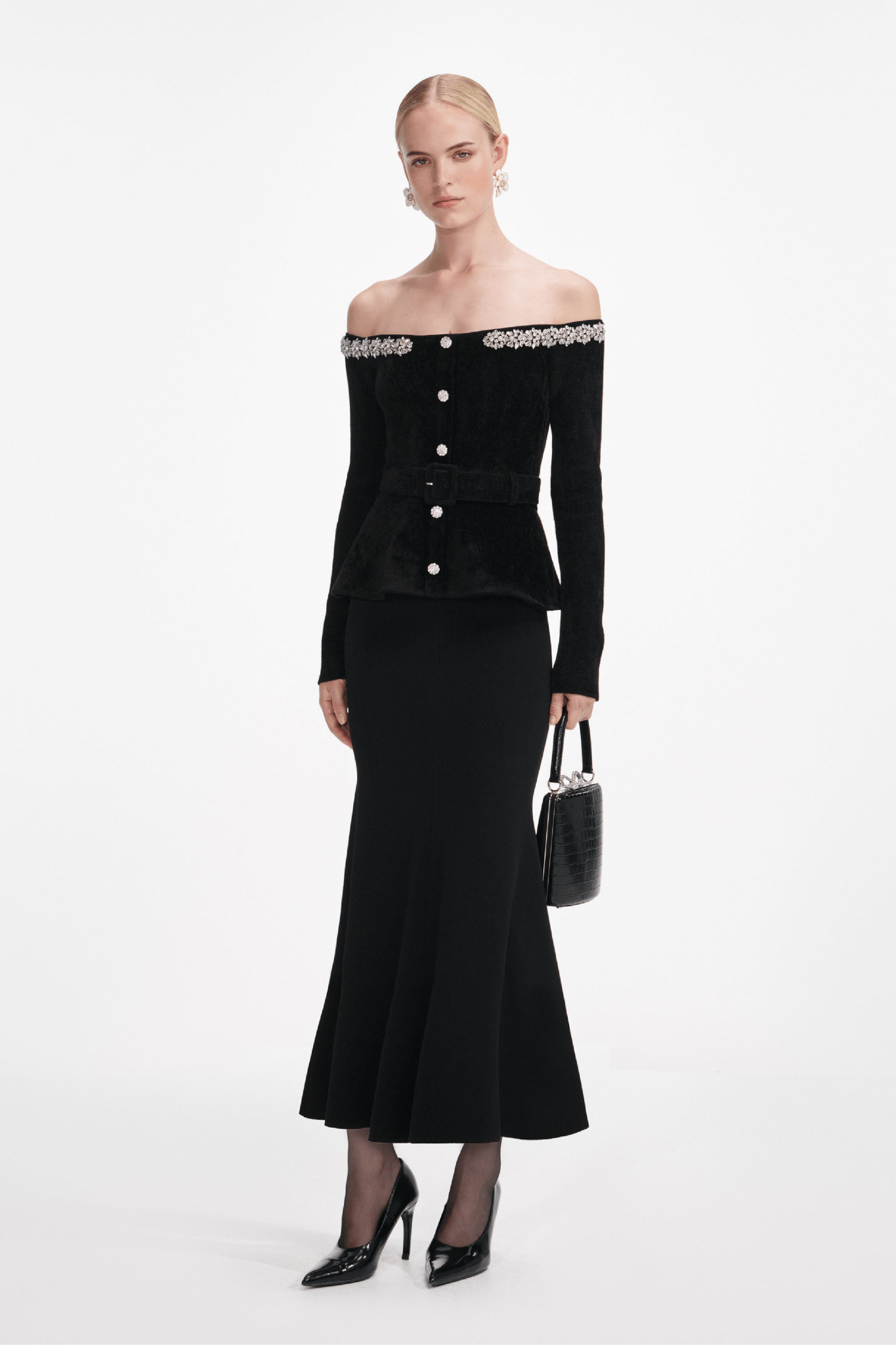 Black Chenille Knit Crystal Trim Midi Dress - ALBOUSHIYA - district 5 - dubai - riyadh - abaya - dresses - designers - evening wear - luxury - elegance - craftsmanship - gowns - cocktail dresses - collections - georges
