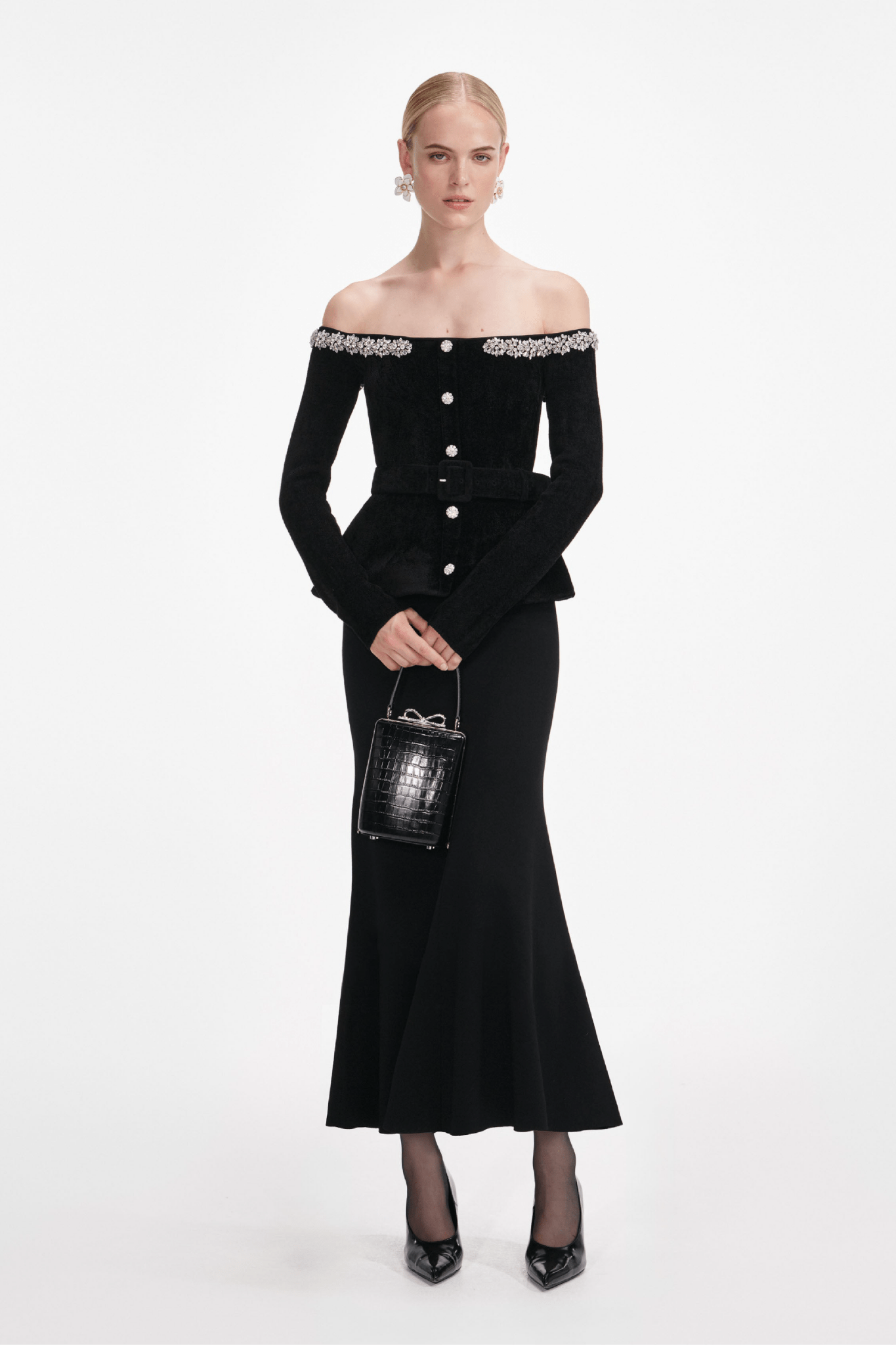 Black Chenille Knit Crystal Trim Midi Dress - ALBOUSHIYA - district 5 - dubai - riyadh - abaya - dresses - designers - evening wear - luxury - elegance - craftsmanship - gowns - cocktail dresses - collections - georges