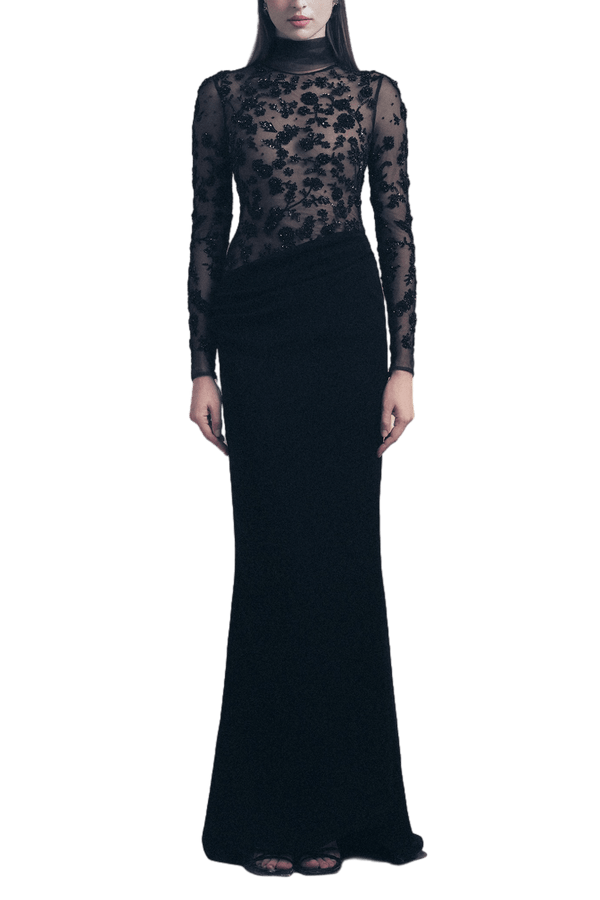 Black Fitted Floral Gown - ALBOUSHIYA - district 5 - dubai - riyadh - abaya - dresses - designers - evening wear - luxury - elegance - craftsmanship - gowns - cocktail dresses - collections - georges