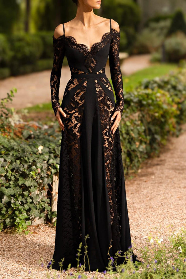 Black Off Shoulder Lace Mix Silk Flowy Gown - ALBOUSHIYA - district 5 - dubai - riyadh - abaya - dresses - designers - evening wear - luxury - elegance - craftsmanship - gowns - cocktail dresses - collections - georges