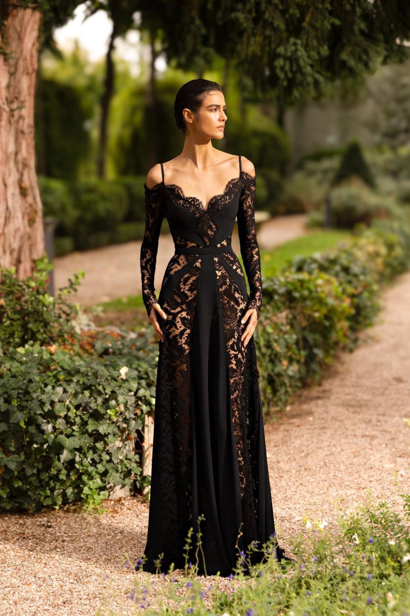 Black Off Shoulder Lace Mix Silk Flowy Gown - ALBOUSHIYA - district 5 - dubai - riyadh - abaya - dresses - designers - evening wear - luxury - elegance - craftsmanship - gowns - cocktail dresses - collections - georges