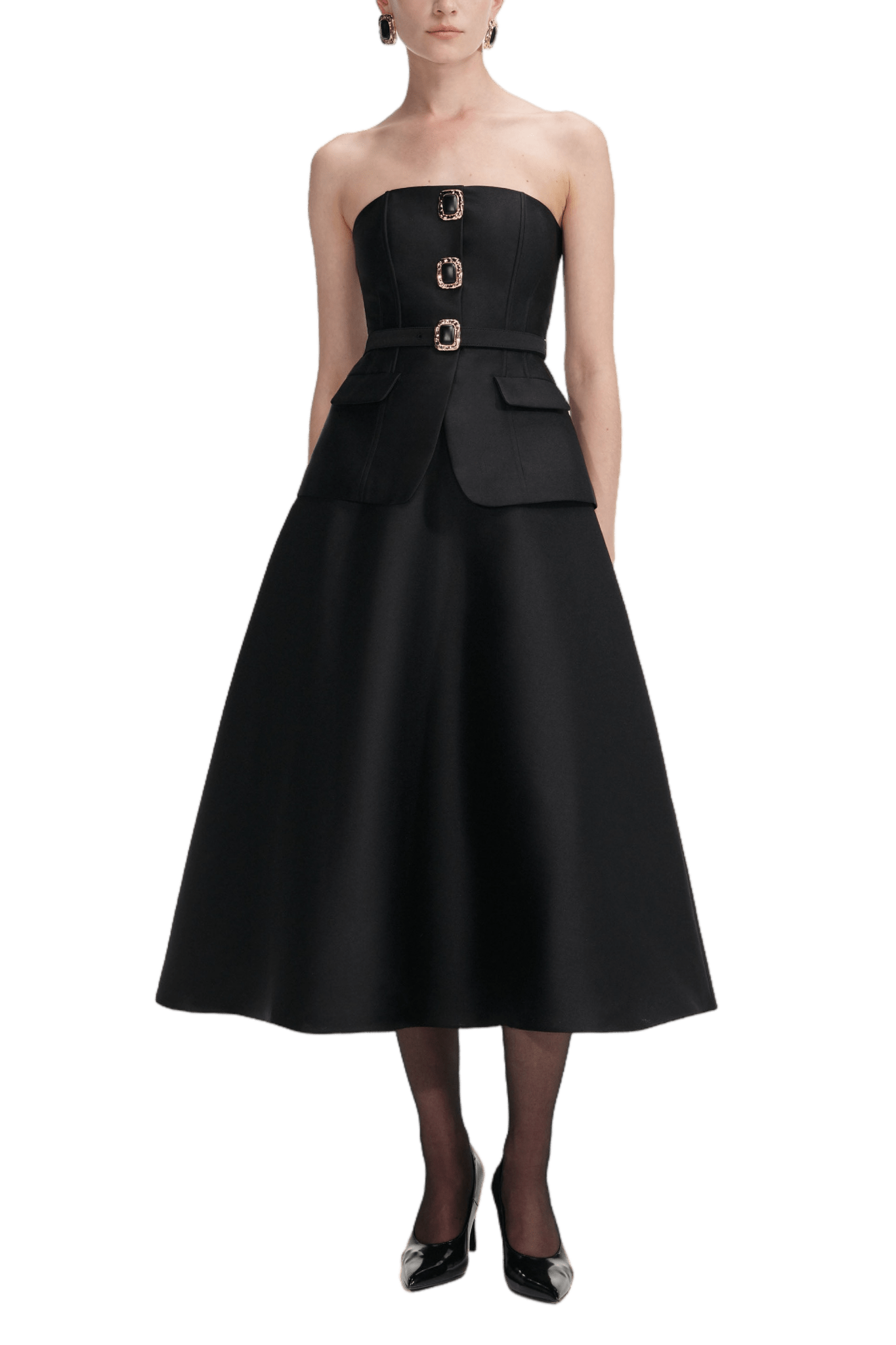 Black Taffeta Bandeau Midi Dress - ALBOUSHIYA - district 5 - dubai - riyadh - abaya - dresses - designers - evening wear - luxury - elegance - craftsmanship - gowns - cocktail dresses - collections - georges