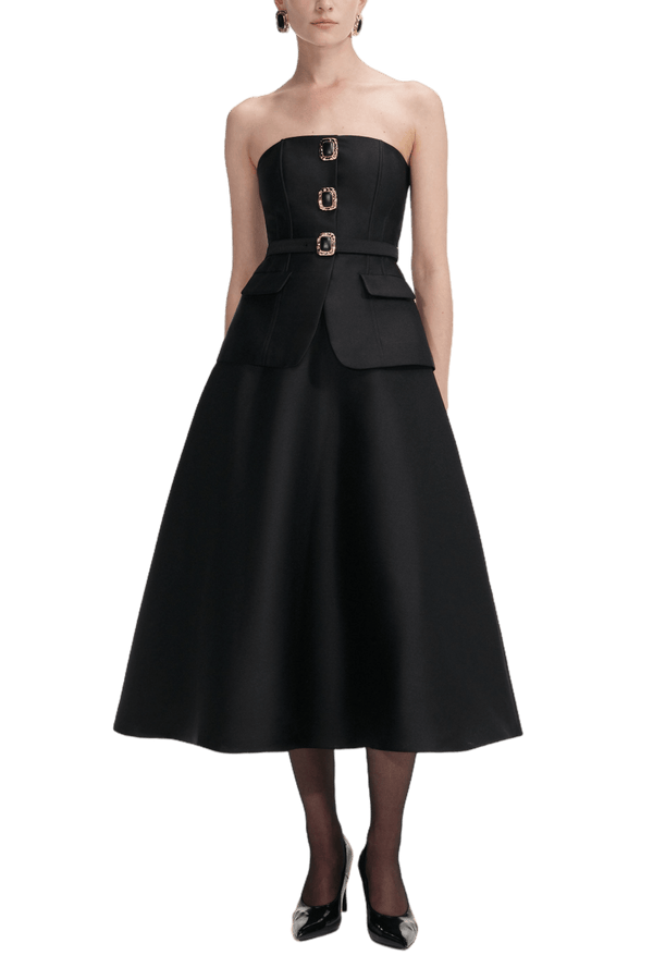 Black Taffeta Bandeau Midi Dress - ALBOUSHIYA - district 5 - dubai - riyadh - abaya - dresses - designers - evening wear - luxury - elegance - craftsmanship - gowns - cocktail dresses - collections - georges