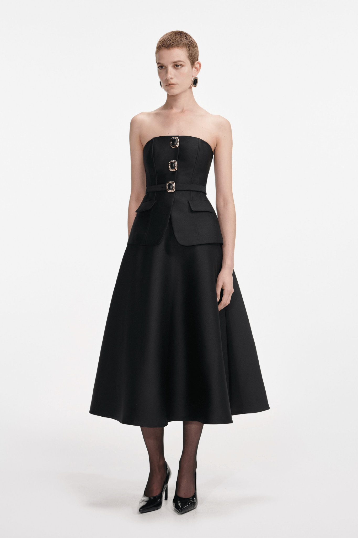 Black Taffeta Bandeau Midi Dress - ALBOUSHIYA - district 5 - dubai - riyadh - abaya - dresses - designers - evening wear - luxury - elegance - craftsmanship - gowns - cocktail dresses - collections - georges