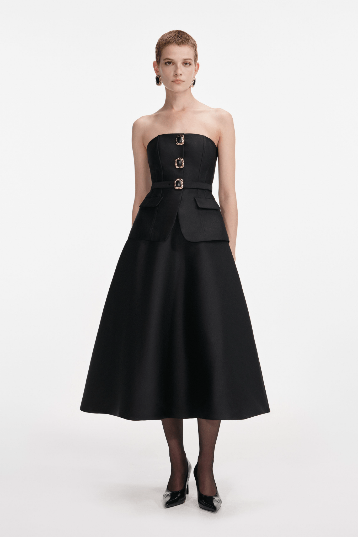 Black Taffeta Bandeau Midi Dress - ALBOUSHIYA - district 5 - dubai - riyadh - abaya - dresses - designers - evening wear - luxury - elegance - craftsmanship - gowns - cocktail dresses - collections - georges