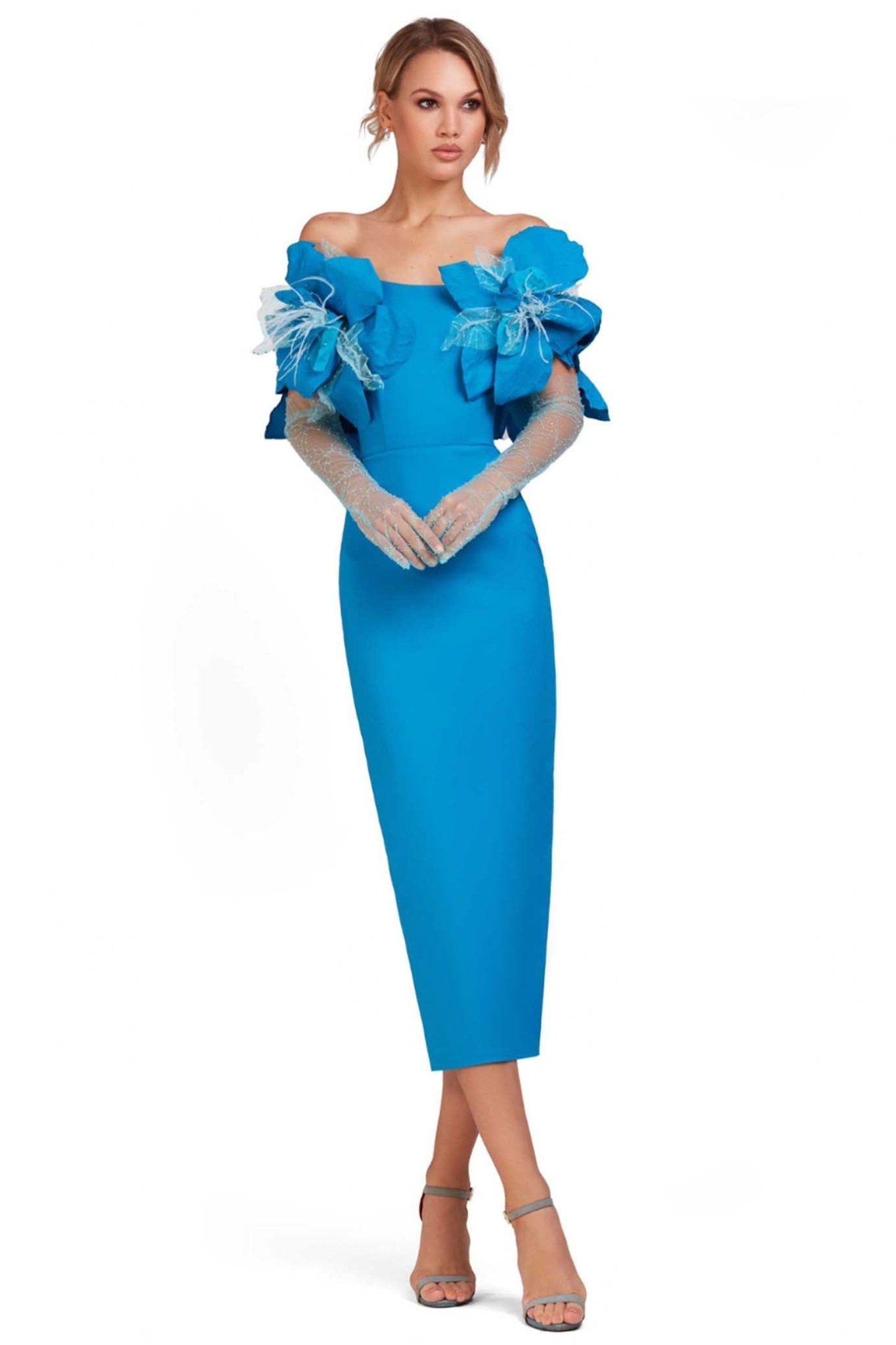 Blue Off - Shoulder Floral Dress - ALBOUSHIYA - district 5 - dubai - riyadh - abaya - dresses - designers - evening wear - luxury - elegance - craftsmanship - gowns - cocktail dresses - collections - georges