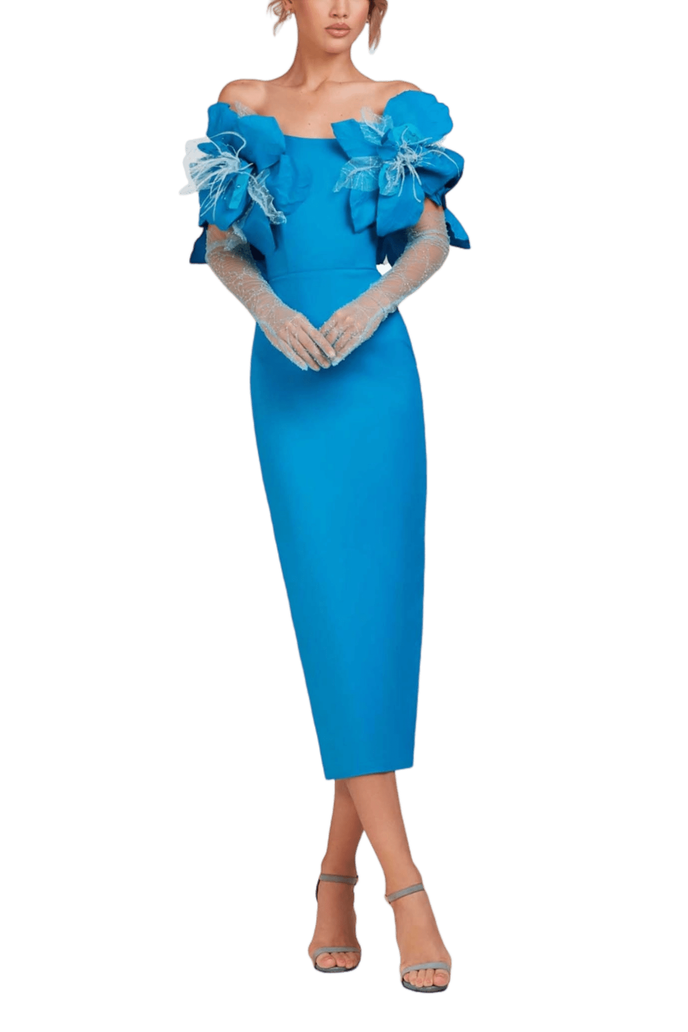 Blue Off - Shoulder Floral Dress - ALBOUSHIYA - district 5 - dubai - riyadh - abaya - dresses - designers - evening wear - luxury - elegance - craftsmanship - gowns - cocktail dresses - collections - georges