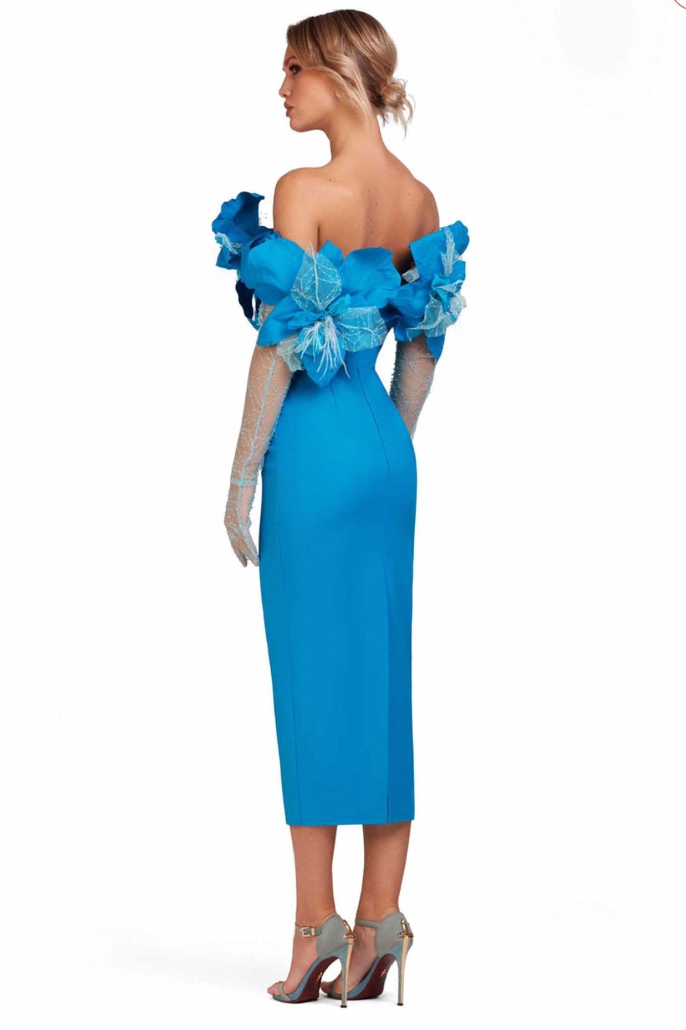 Blue Off - Shoulder Floral Dress - ALBOUSHIYA - district 5 - dubai - riyadh - abaya - dresses - designers - evening wear - luxury - elegance - craftsmanship - gowns - cocktail dresses - collections - georges