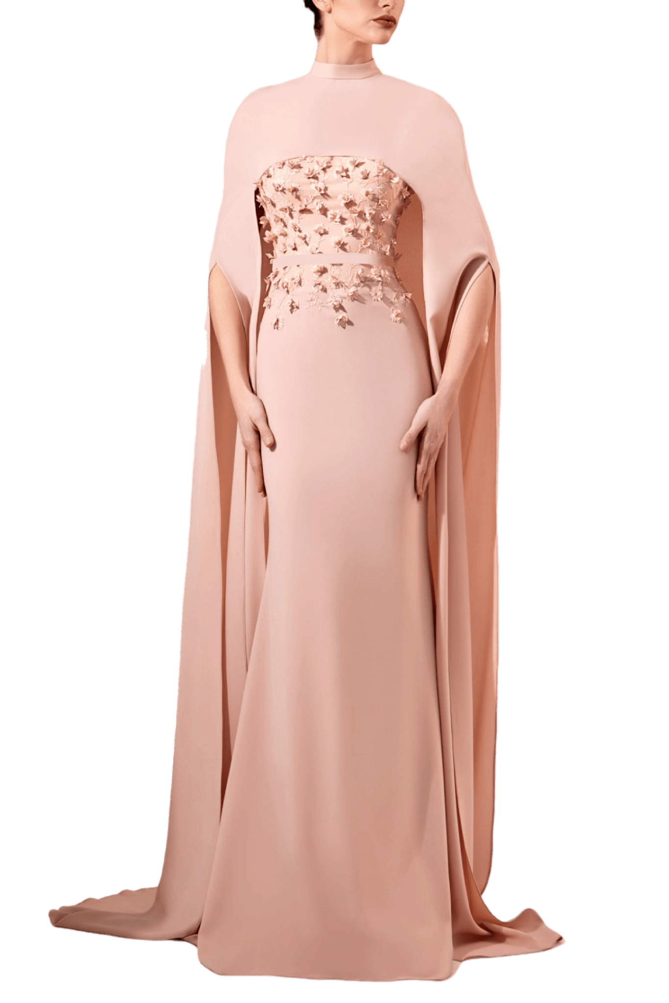 Blush Cape Crepe Gown with 3D Floral Embellishment - ALBOUSHIYA - district 5 - dubai - riyadh - abaya - dresses - designers - evening wear - luxury - elegance - craftsmanship - gowns - cocktail dresses - collections - georges