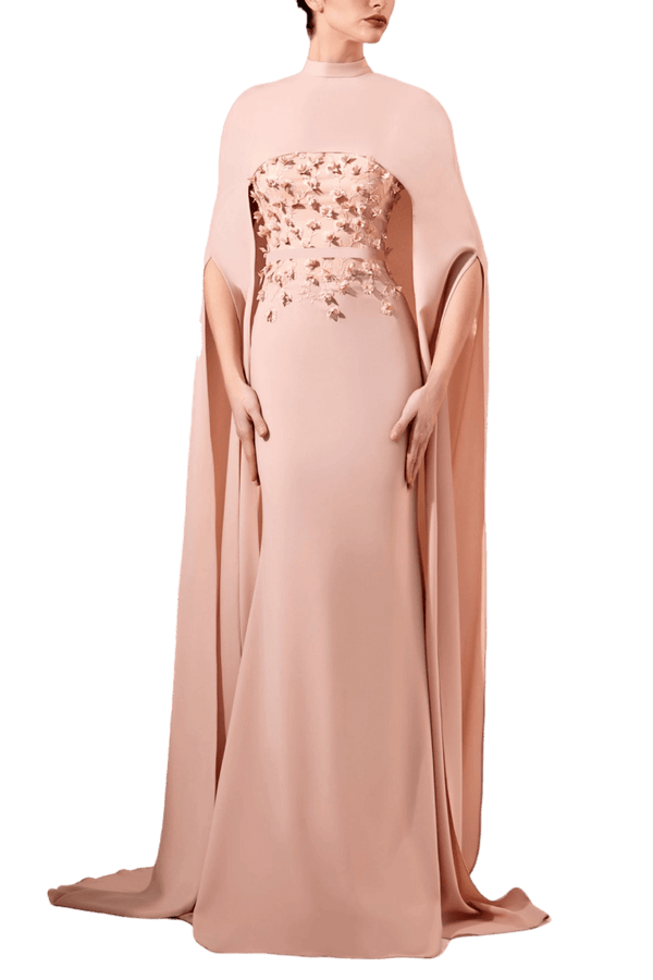 Blush Cape Crepe Gown with 3D Floral Embellishment - ALBOUSHIYA - district 5 - dubai - riyadh - abaya - dresses - designers - evening wear - luxury - elegance - craftsmanship - gowns - cocktail dresses - collections - georges