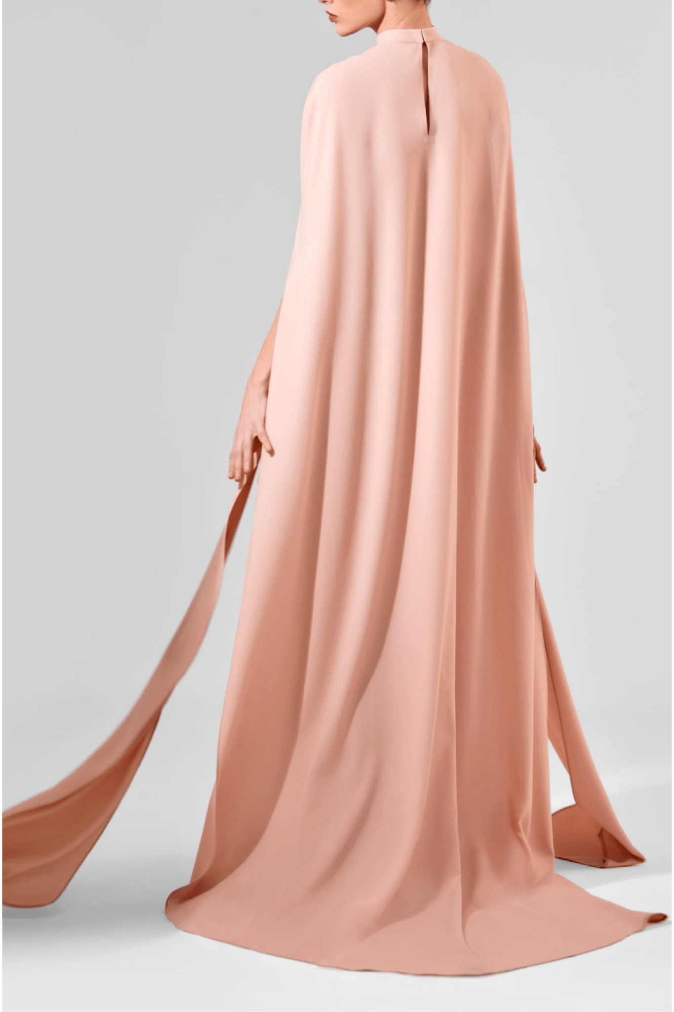 Blush Cape Crepe Gown with 3D Floral Embellishment - ALBOUSHIYA - district 5 - dubai - riyadh - abaya - dresses - designers - evening wear - luxury - elegance - craftsmanship - gowns - cocktail dresses - collections - georges