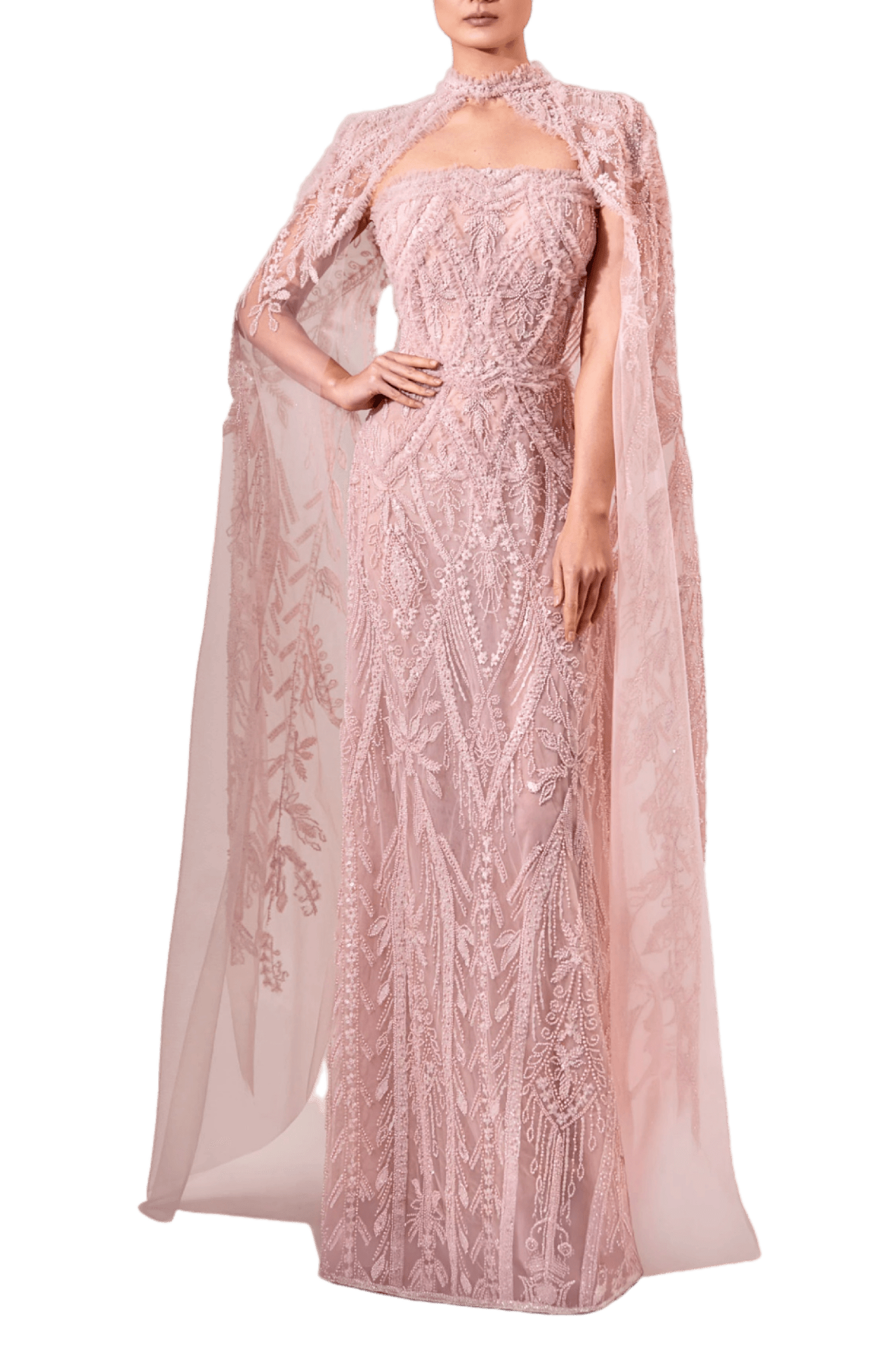 Blush Embellished Gown with Matching Cape - ALBOUSHIYA - district 5 - dubai - riyadh - abaya - dresses - designers - evening wear - luxury - elegance - craftsmanship - gowns - cocktail dresses - collections - georges