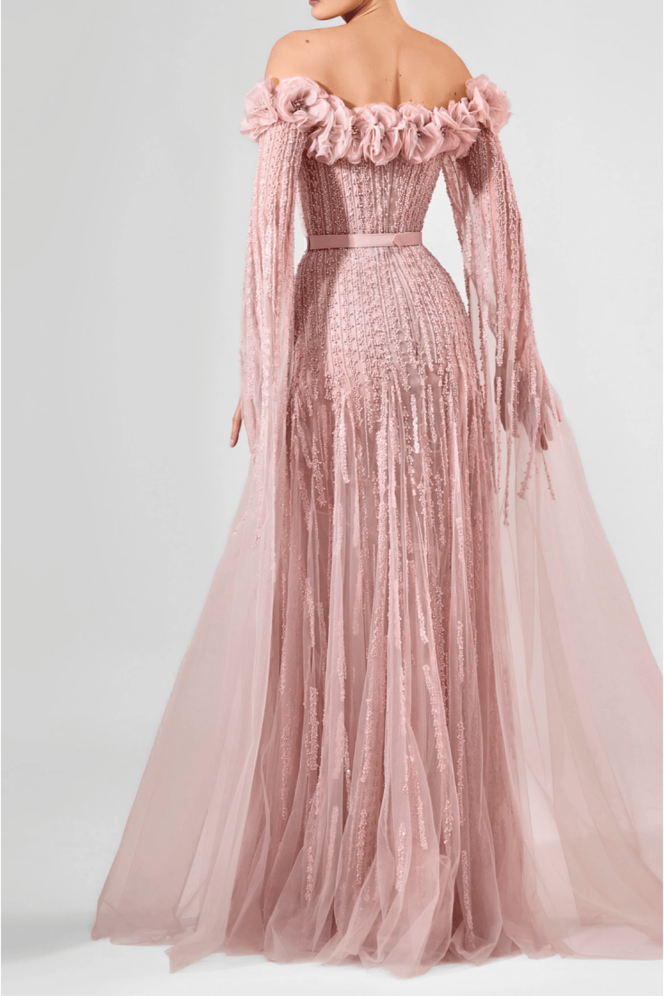 Blush Off - Shoulder Floral & Sequined Tulle Gown with Draped Sleeves - ALBOUSHIYA - district 5 - dubai - riyadh - abaya - dresses - designers - evening wear - luxury - elegance - craftsmanship - gowns - cocktail dresses - collections - georges