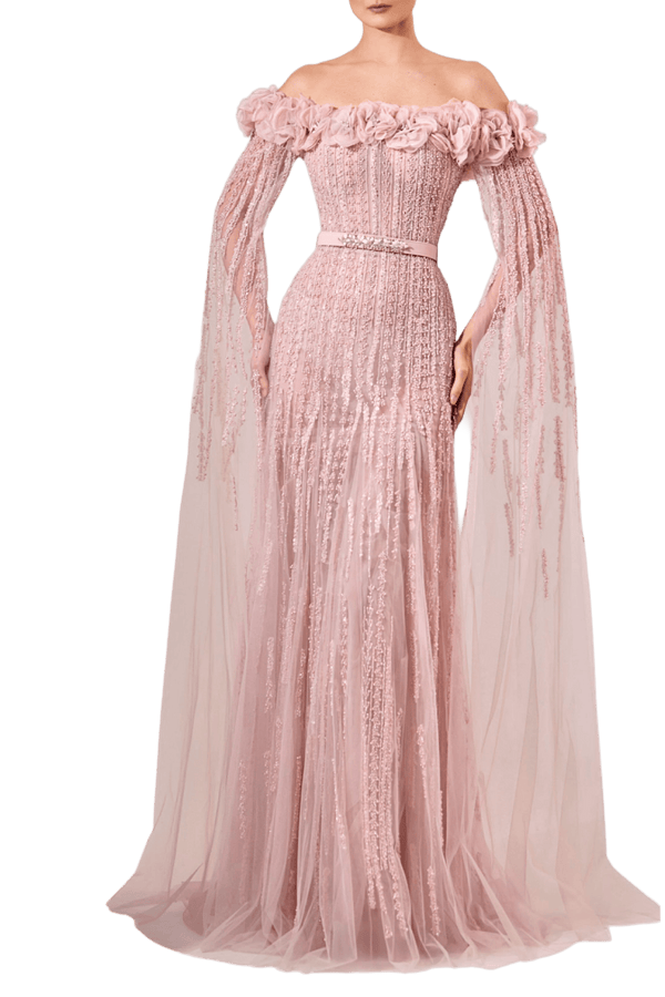 Blush Off - Shoulder Floral & Sequined Tulle Gown with Draped Sleeves - ALBOUSHIYA - district 5 - dubai - riyadh - abaya - dresses - designers - evening wear - luxury - elegance - craftsmanship - gowns - cocktail dresses - collections - georges